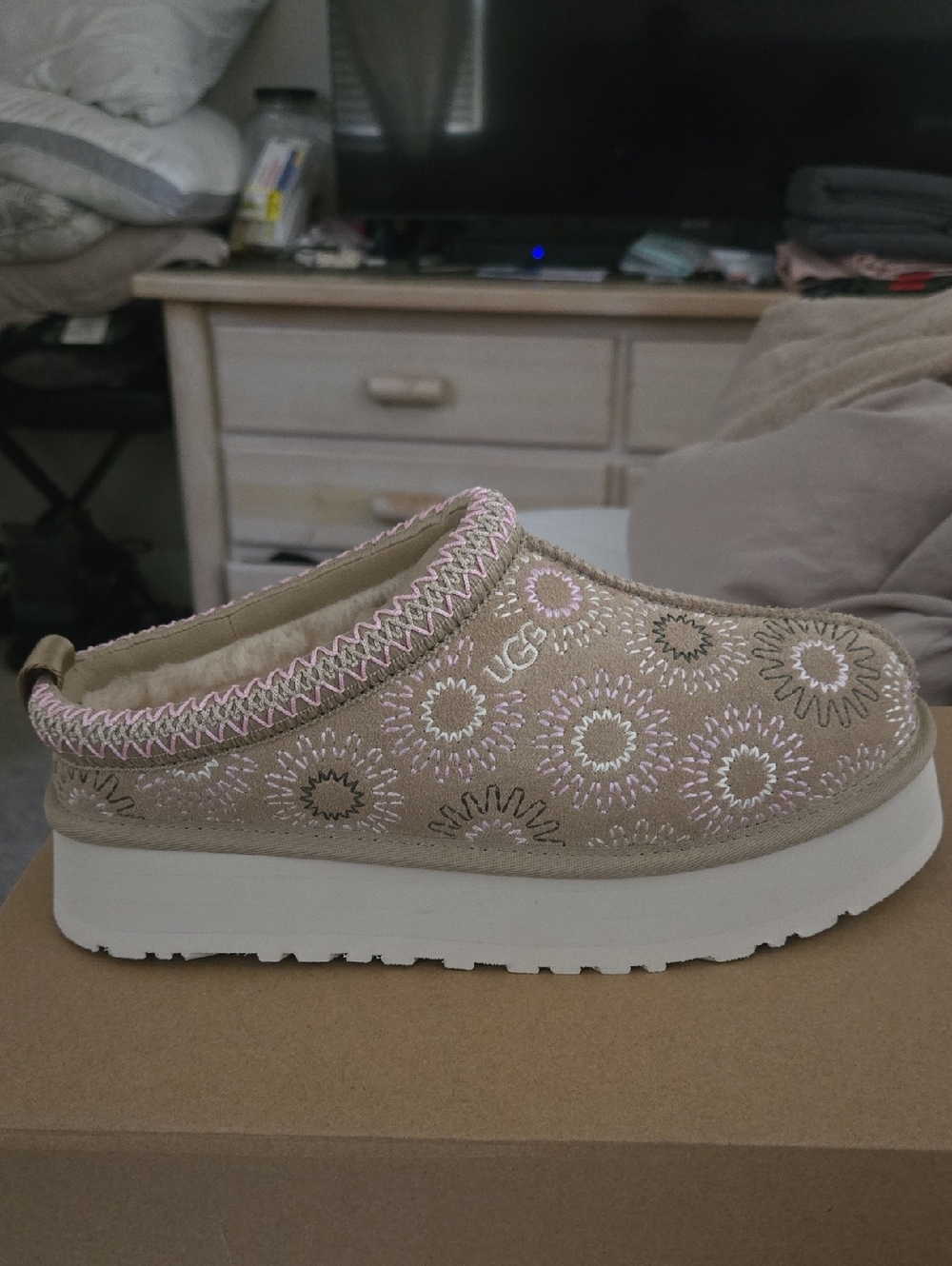 Brand New UGG Tan Suede Embroidered Platform Mule with Pink & White Accents